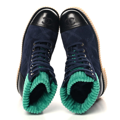 Chanel Suede Calfskin Velvet Quilted CC Combat Boots 37 Navy Green Black 2 of 9