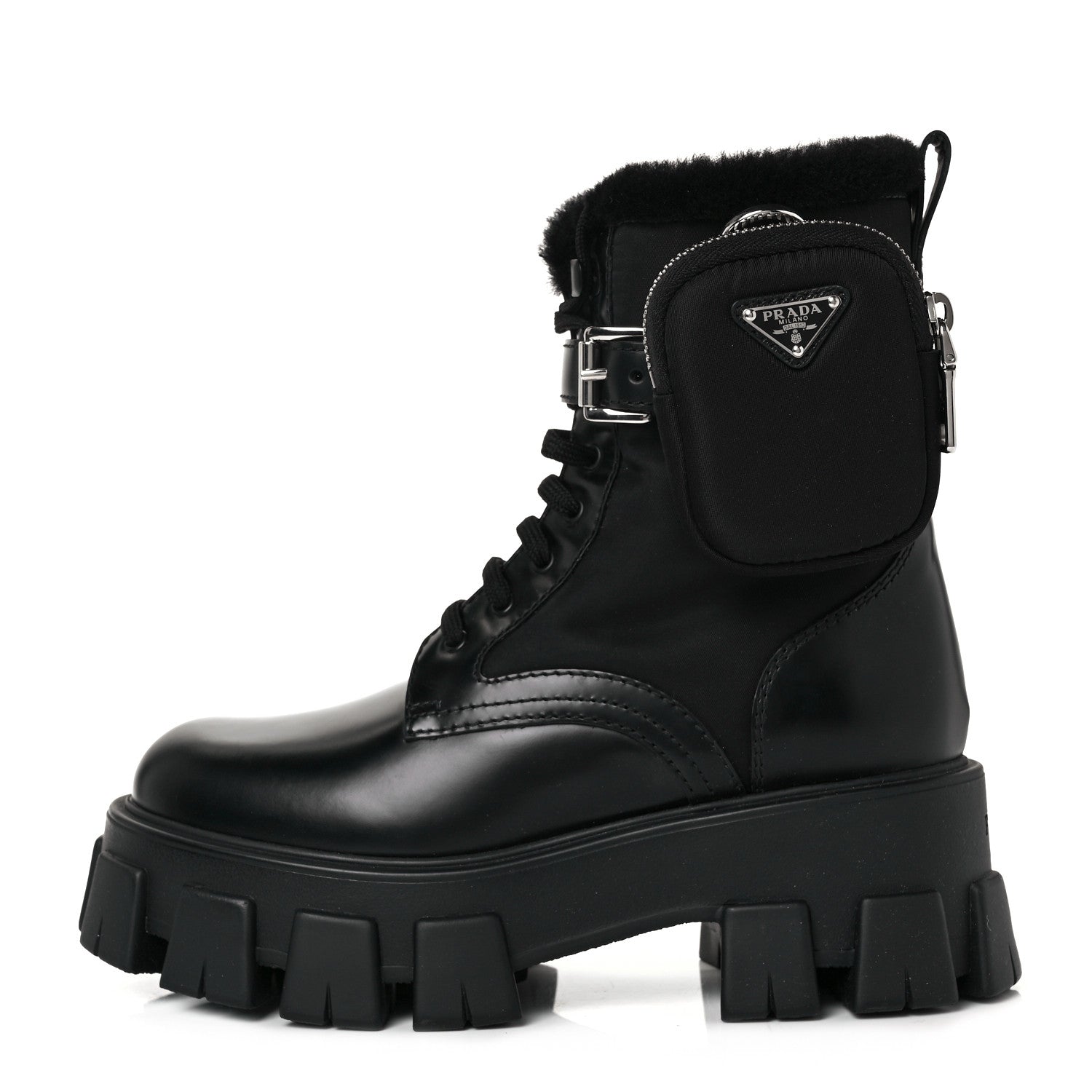Prada Spazzolato Rois Nylon Shearling Metal Triangle Logo Monolith Pouch Pocket 55mm Boots 36.5 Black 1 of 8