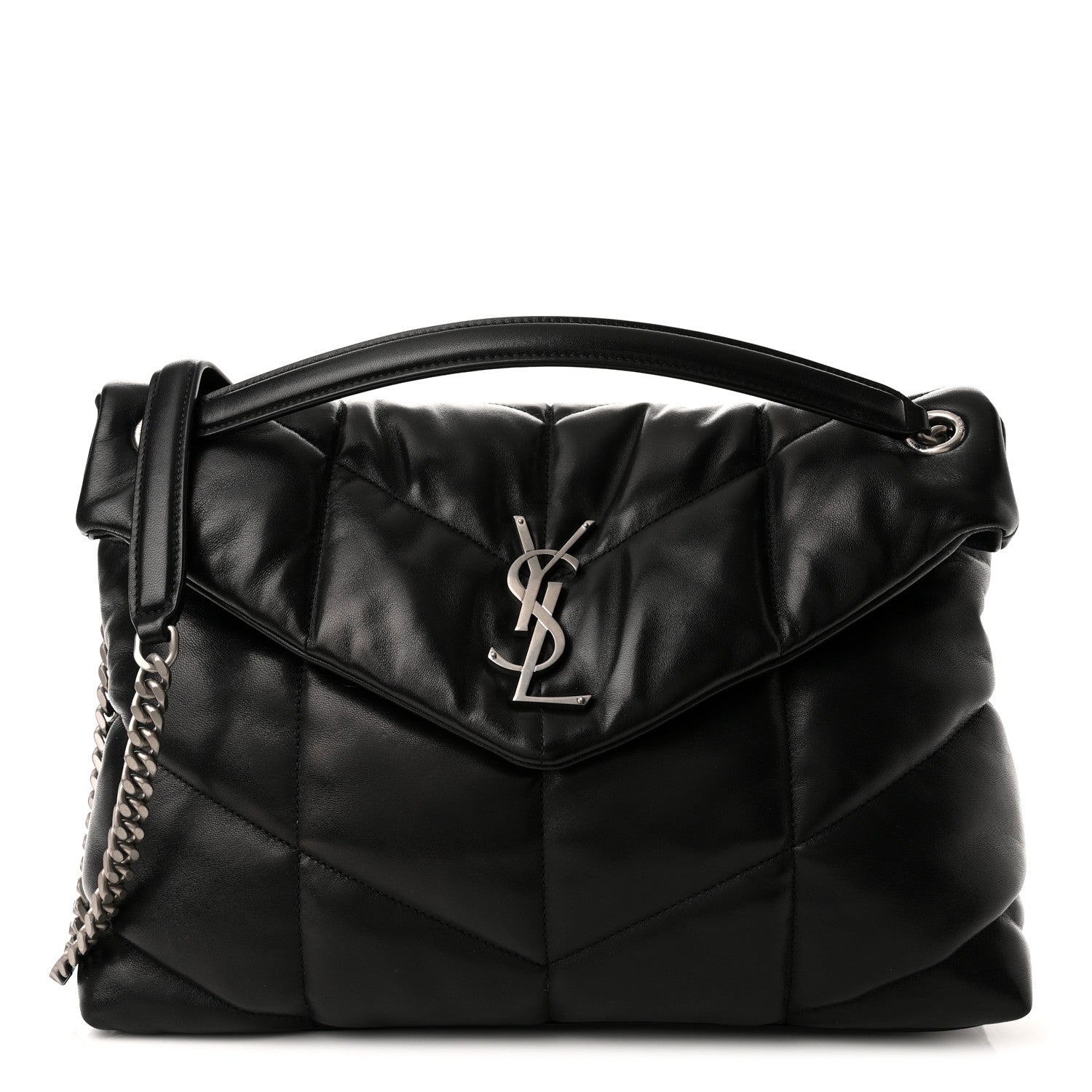 Saint Laurent Lambskin Quilted Medium Loulou Puffer Monogram Chain Satchel Black 1 of 11
