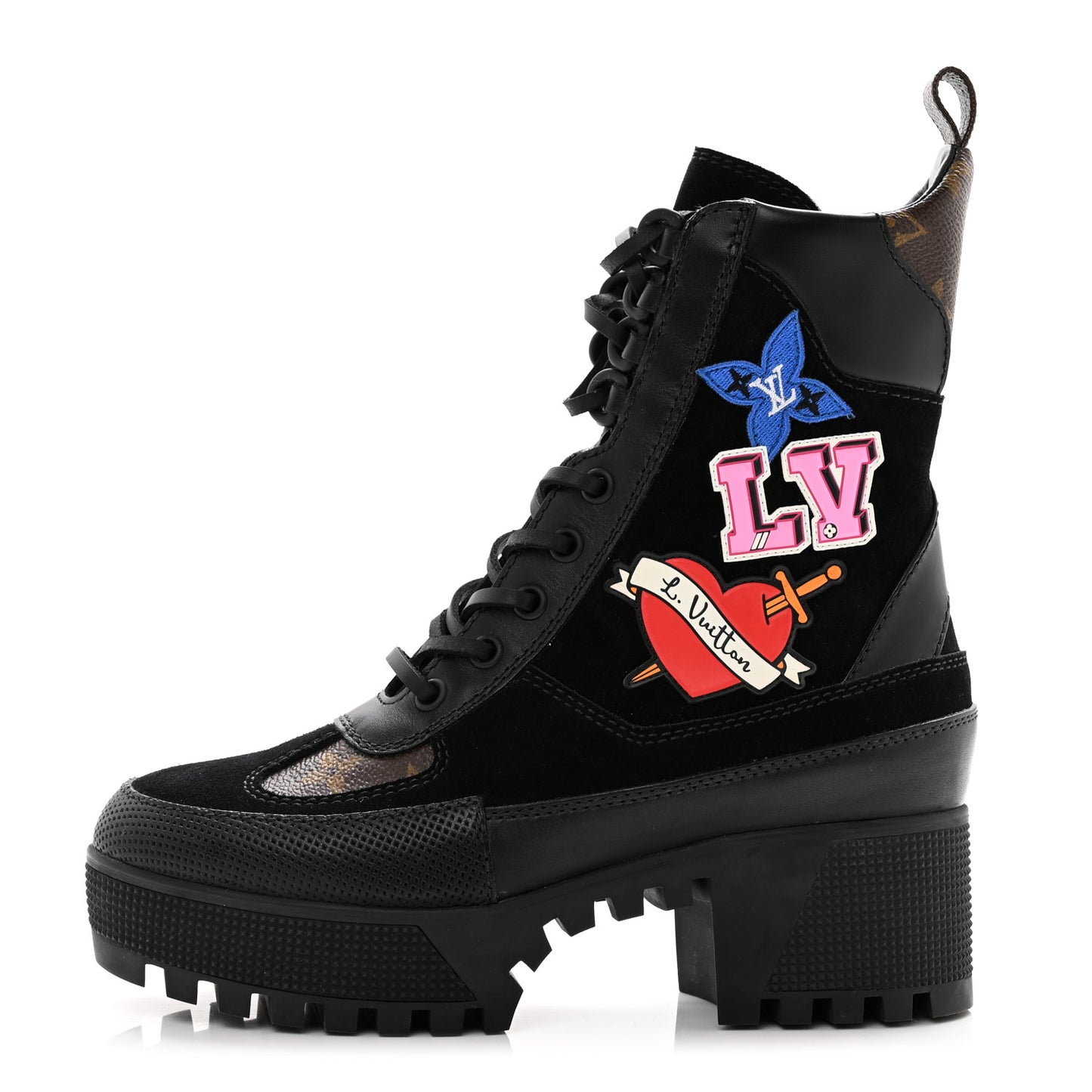 Suede Calfskin Monogram LV Black Heart Laureate Platform Desert Boots 35 Black