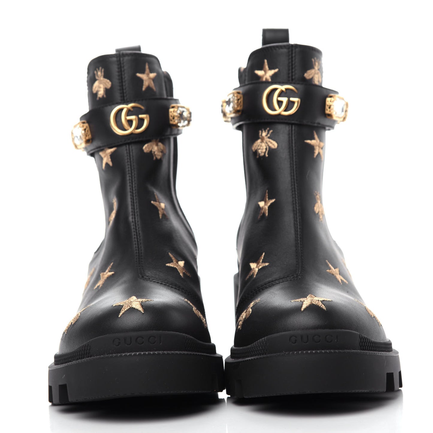 Calfskin Bee Star Embroidered Belt Ankle Boots 39.5 Black