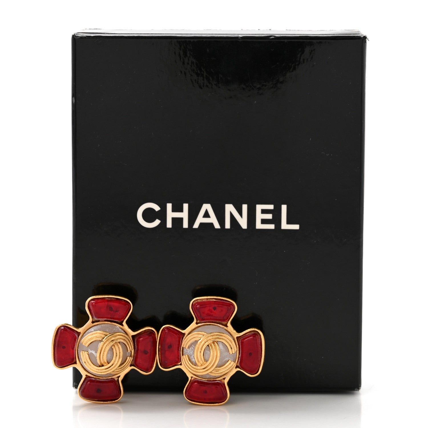 Chanel Metal Gripoix Clip On Earrings Gold Red 5 of 5