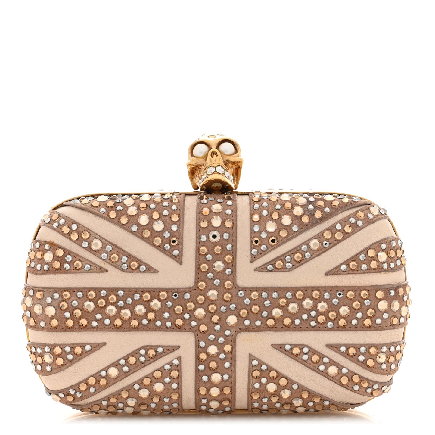 Suede Studded Britannia Skull Box Clutch Beige