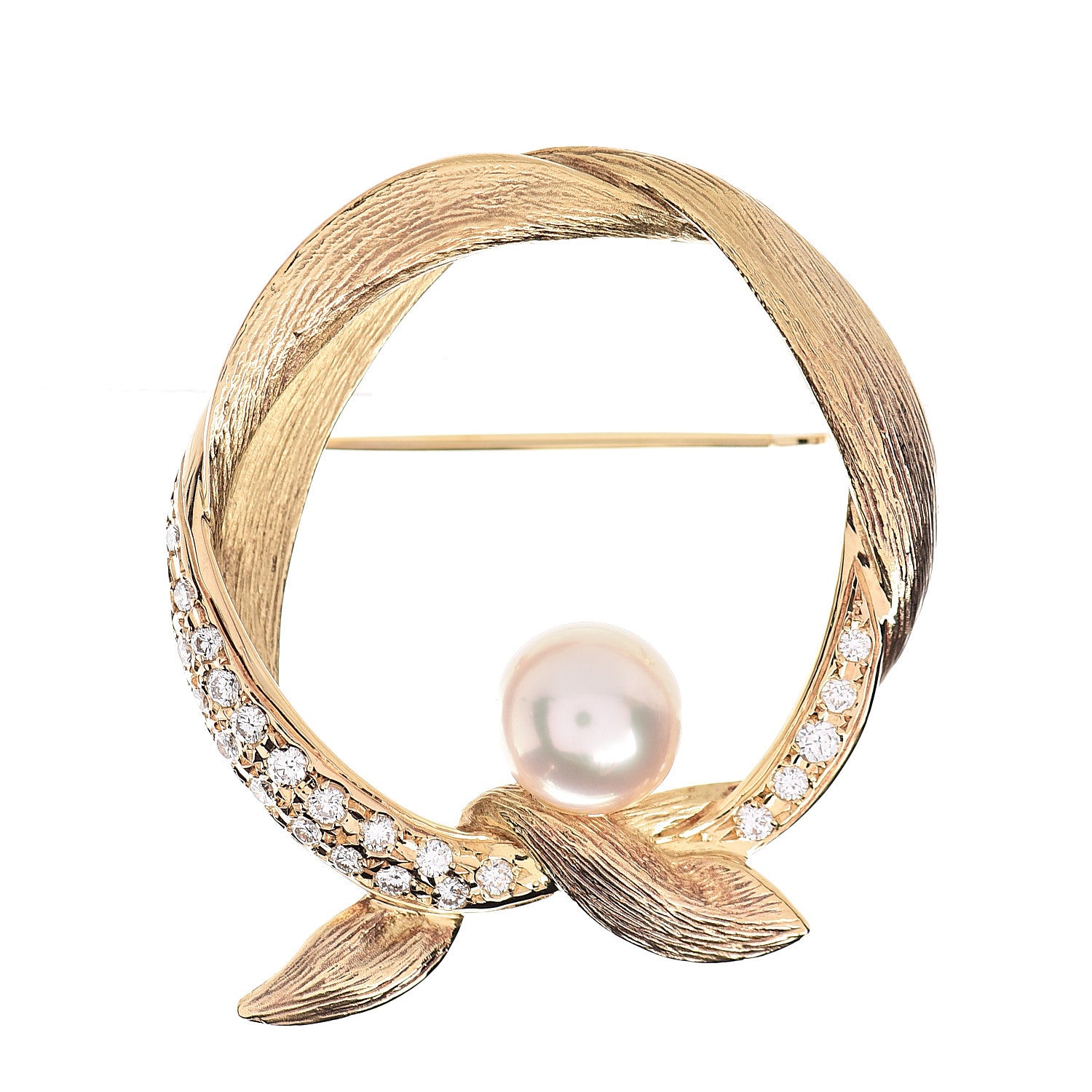 Mikimoto 18K Yellow Gold Diamond Akoya Pearl 7.5-8mm Flower Brooch 1 of 4