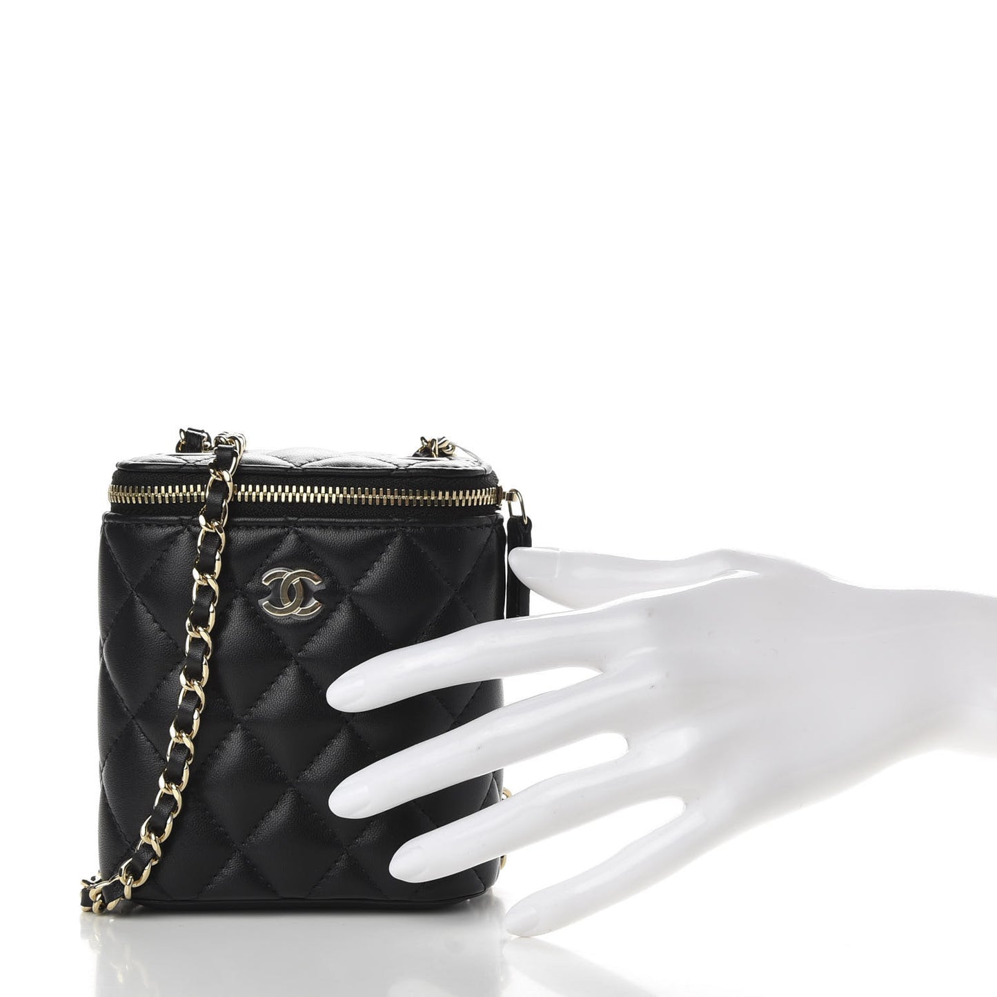 Lambskin Quilted Small Vertical Coco Beauty Vanity Case With Chain Black