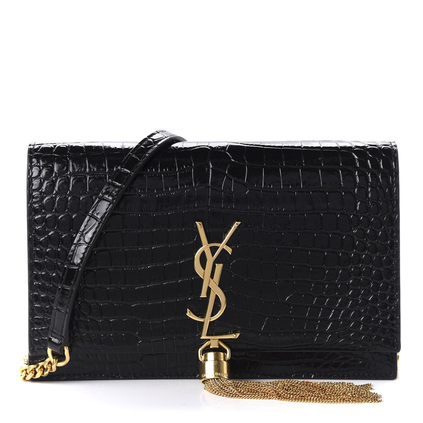 Calfskin Crocodile Embossed Kate Monogram Tassel Chain Wallet Black