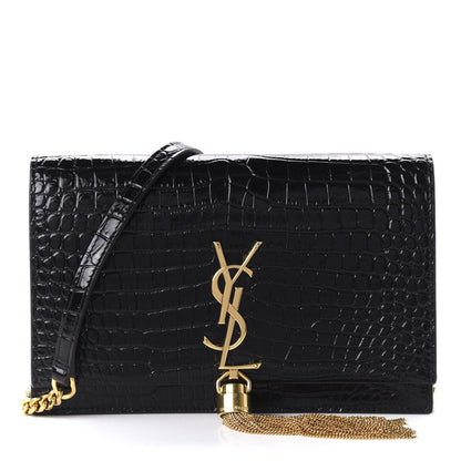 Saint Laurent Calfskin Crocodile Embossed Kate Monogram Tassel Chain Wallet Black 1 of 9