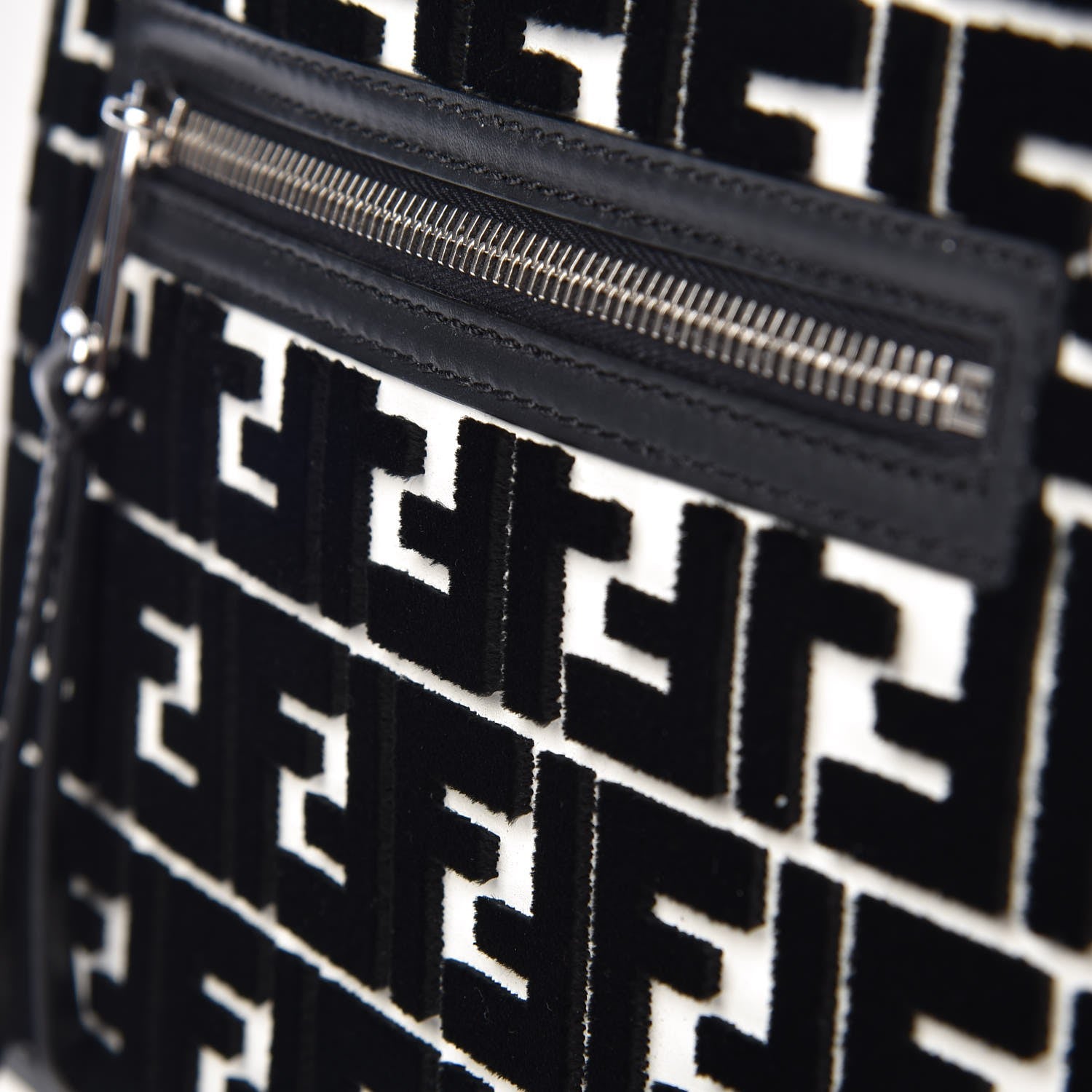 Fendi Vitello Century Velvet F is Fendi FF Embroidered Regular Runaway Satchel White Black 9 of 9