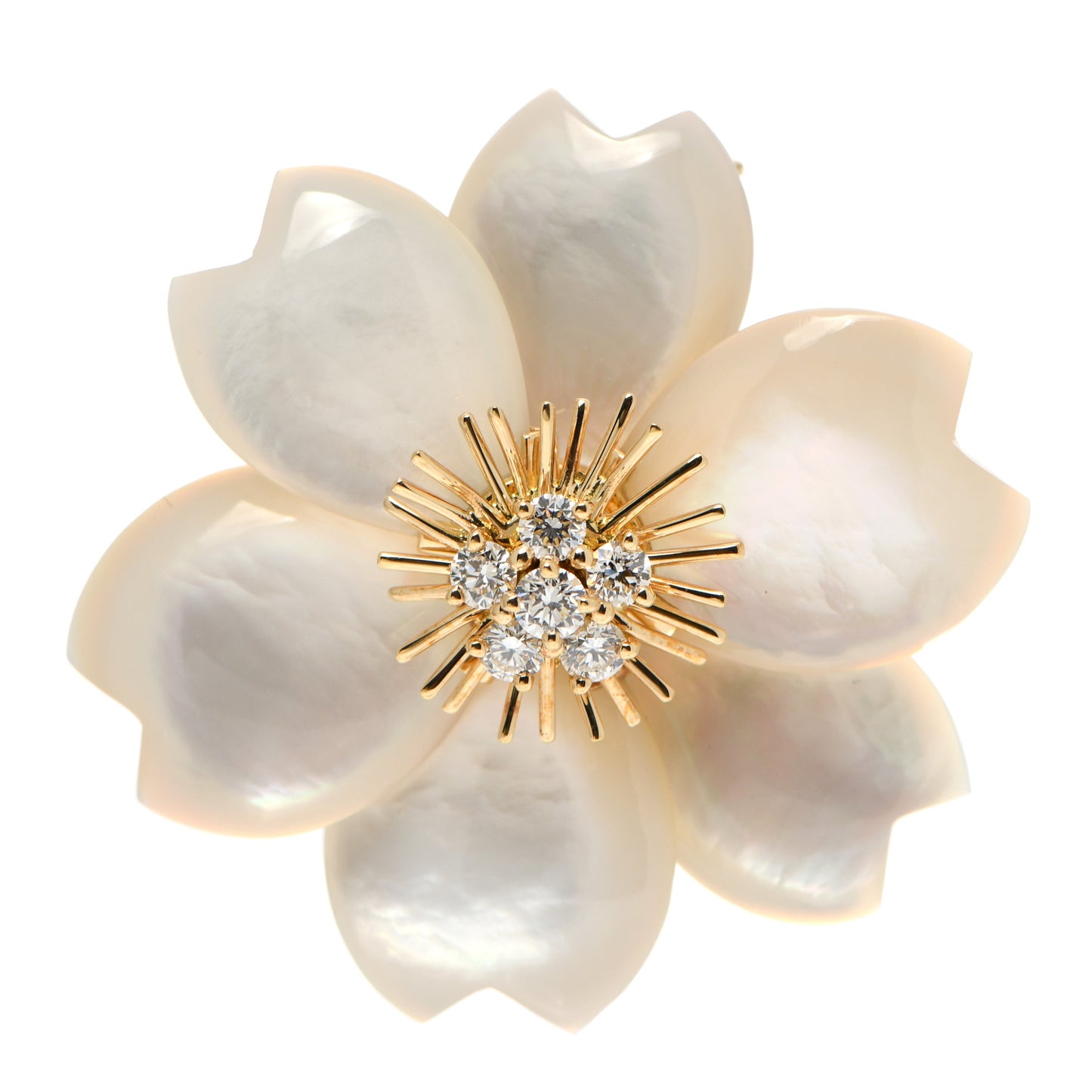 18K Yellow Gold Diamond Mother of Pearl Medium Rose De Noel Flower Brooch Pin