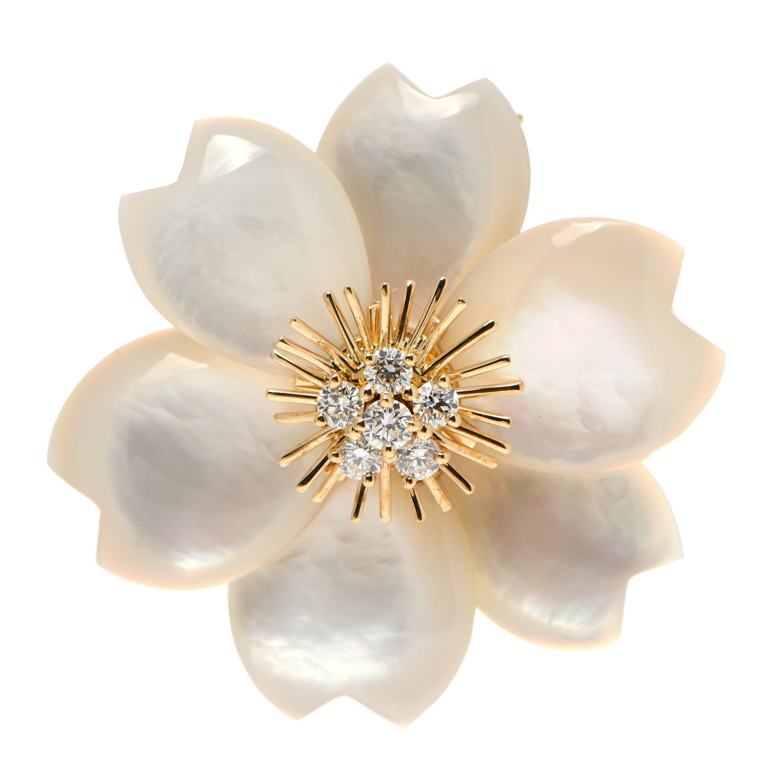 Van Cleef & Arpels 18K Yellow Gold Diamond Mother of Pearl Medium Rose De Noel Flower Brooch Pin 1 of 3