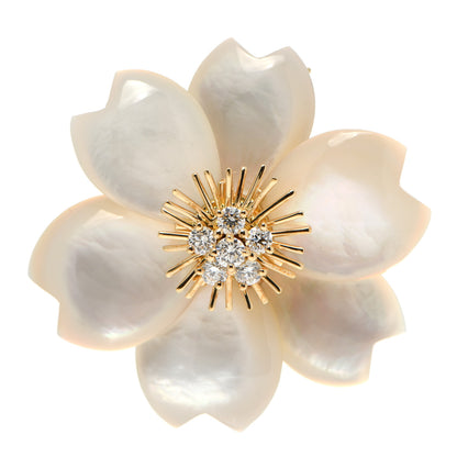 Van Cleef & Arpels 18K Yellow Gold Diamond Mother of Pearl Medium Rose De Noel Flower Brooch Pin 1 of 3