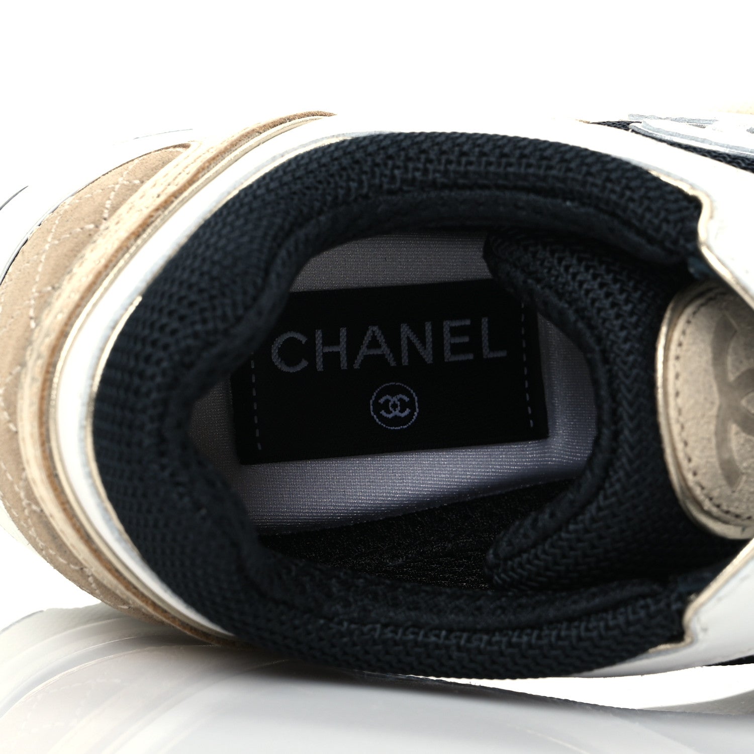 Chanel Mesh Suede Calfskin Womens CC Sneakers 35.5 White Black Beige Gold 7 of 9