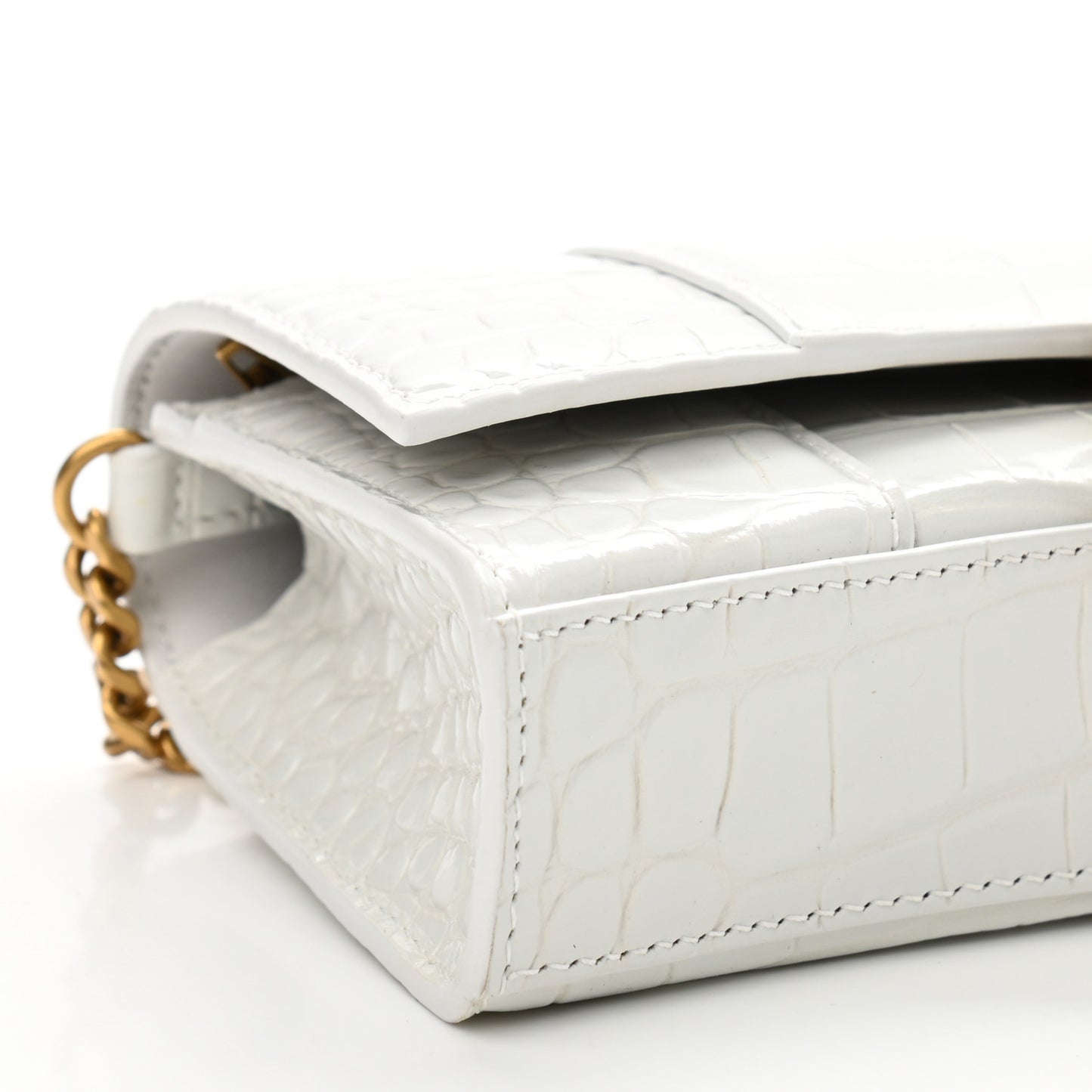Shiny Calfskin Crocodile Embossed Hourglass Chain Bag White
