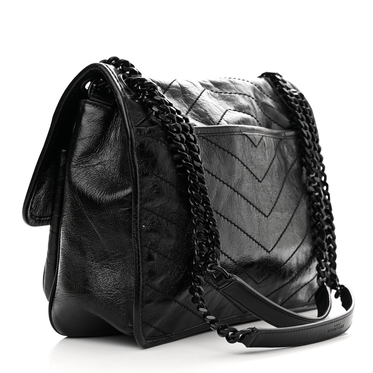 Crinkled Calfskin Matelasse Monogram Medium Niki Chain Satchel Black