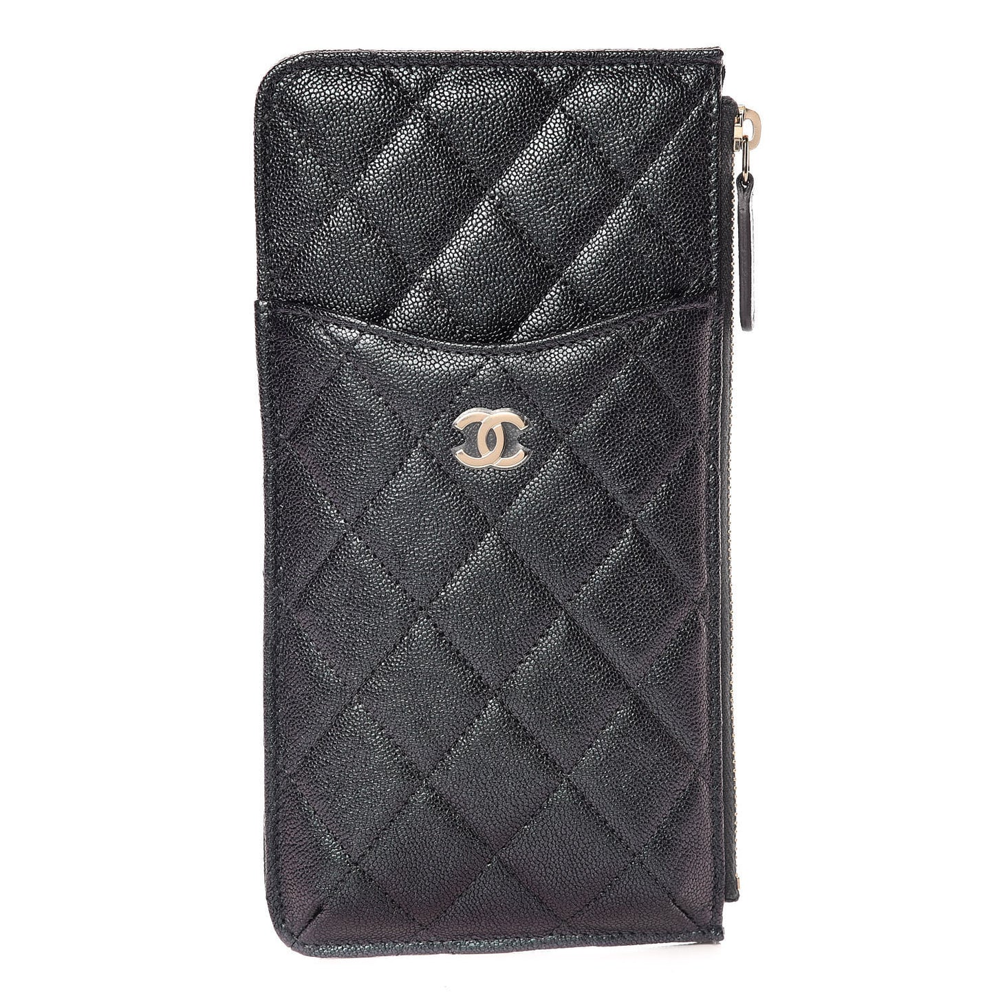 Iridescent Caviar Quilted Classic Flat Wallet Pouch Black