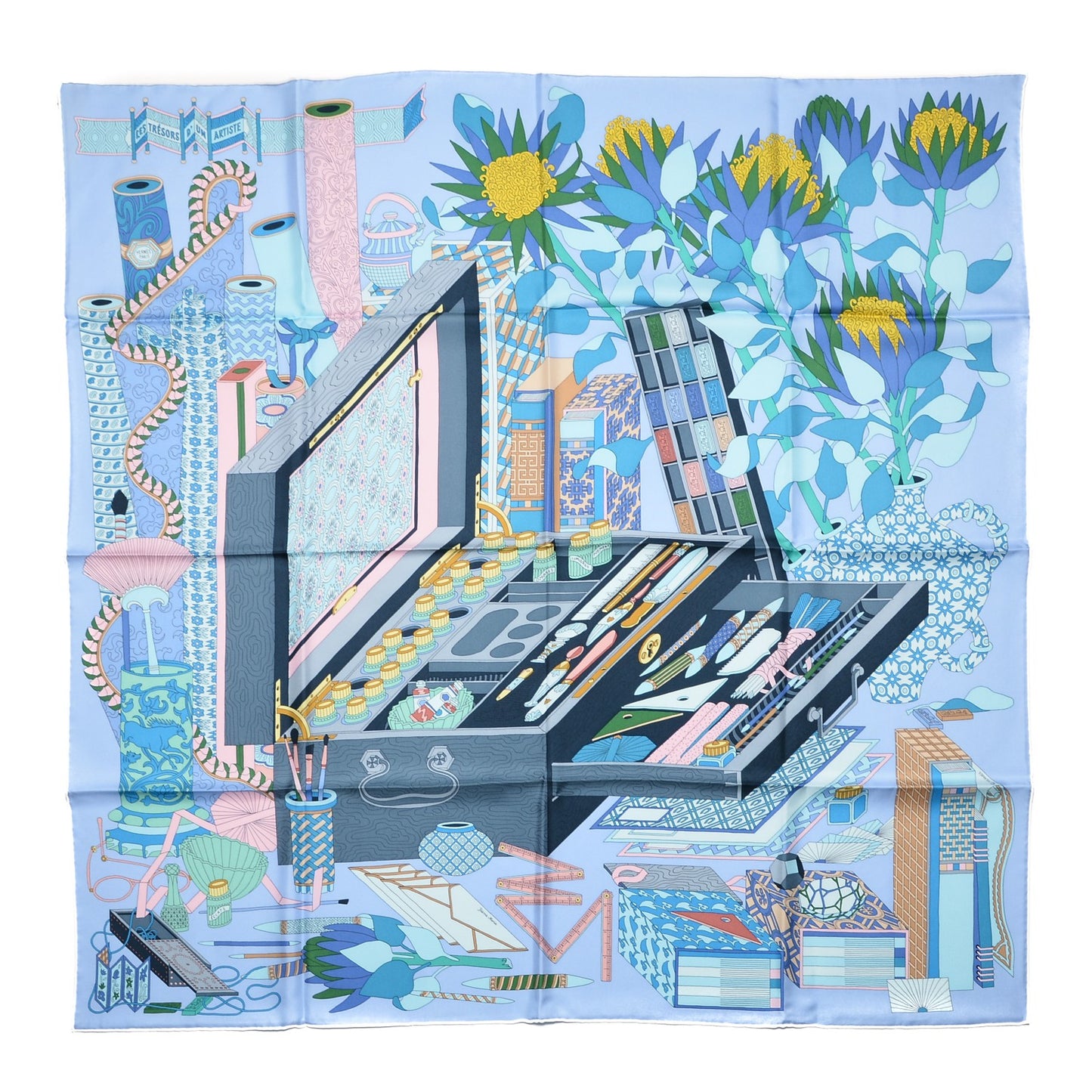 Silk Les Tresors D Un Artiste Scarf 90 Ciel Turquoise Rose