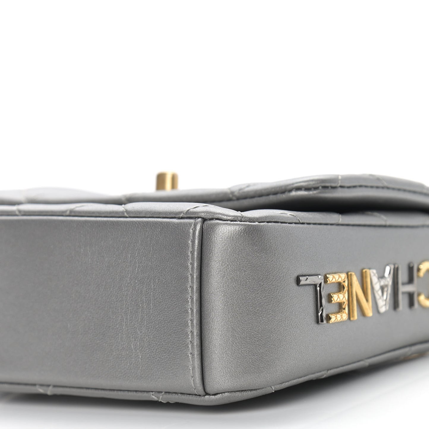 Metallic Lambskin Quilted Mini Side Note Flap Grey