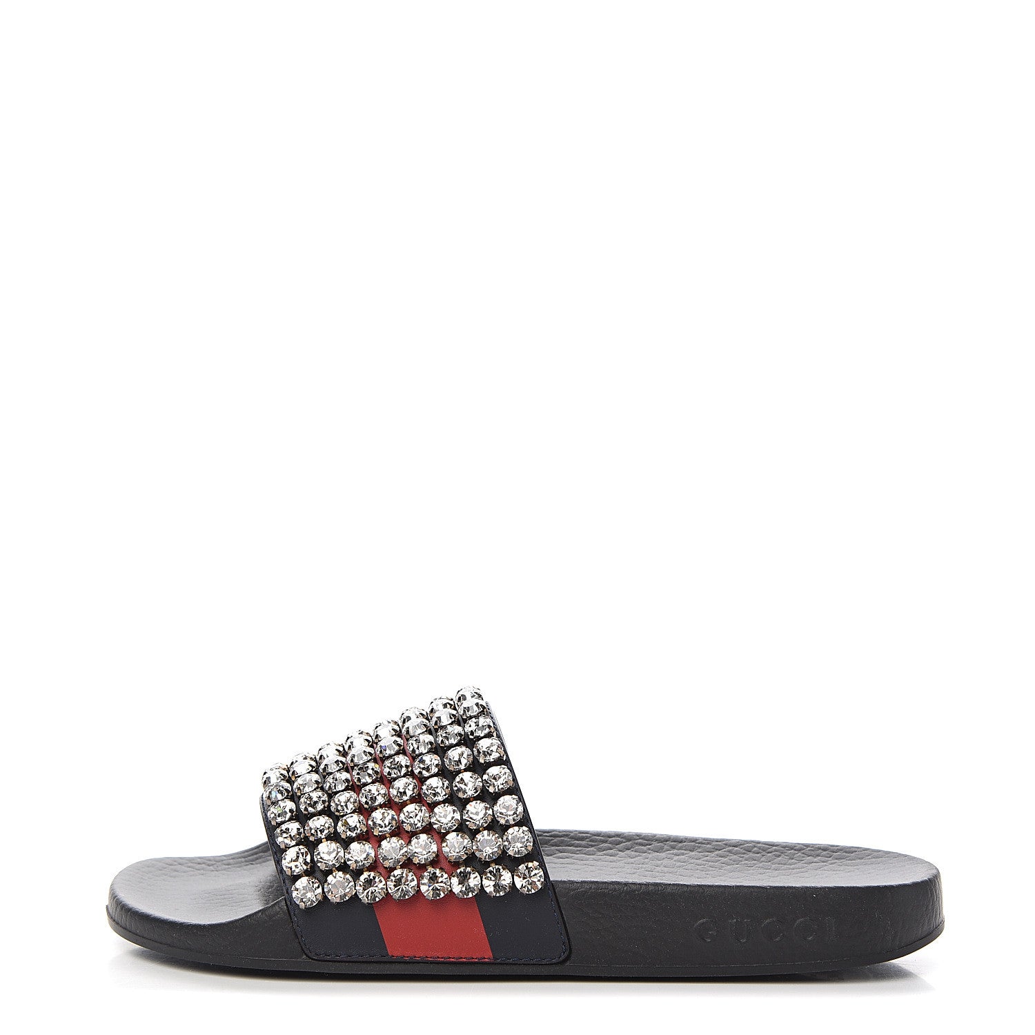 Gucci Calfskin Crystal Embellished Web Slide Sandals 37 Blue Red 1 of 7