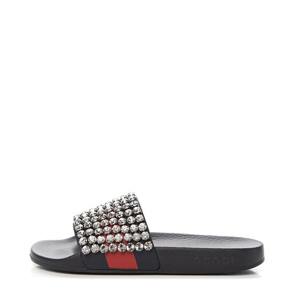 Gucci Calfskin Crystal Embellished Web Slide Sandals 37 Blue Red 1 of 7