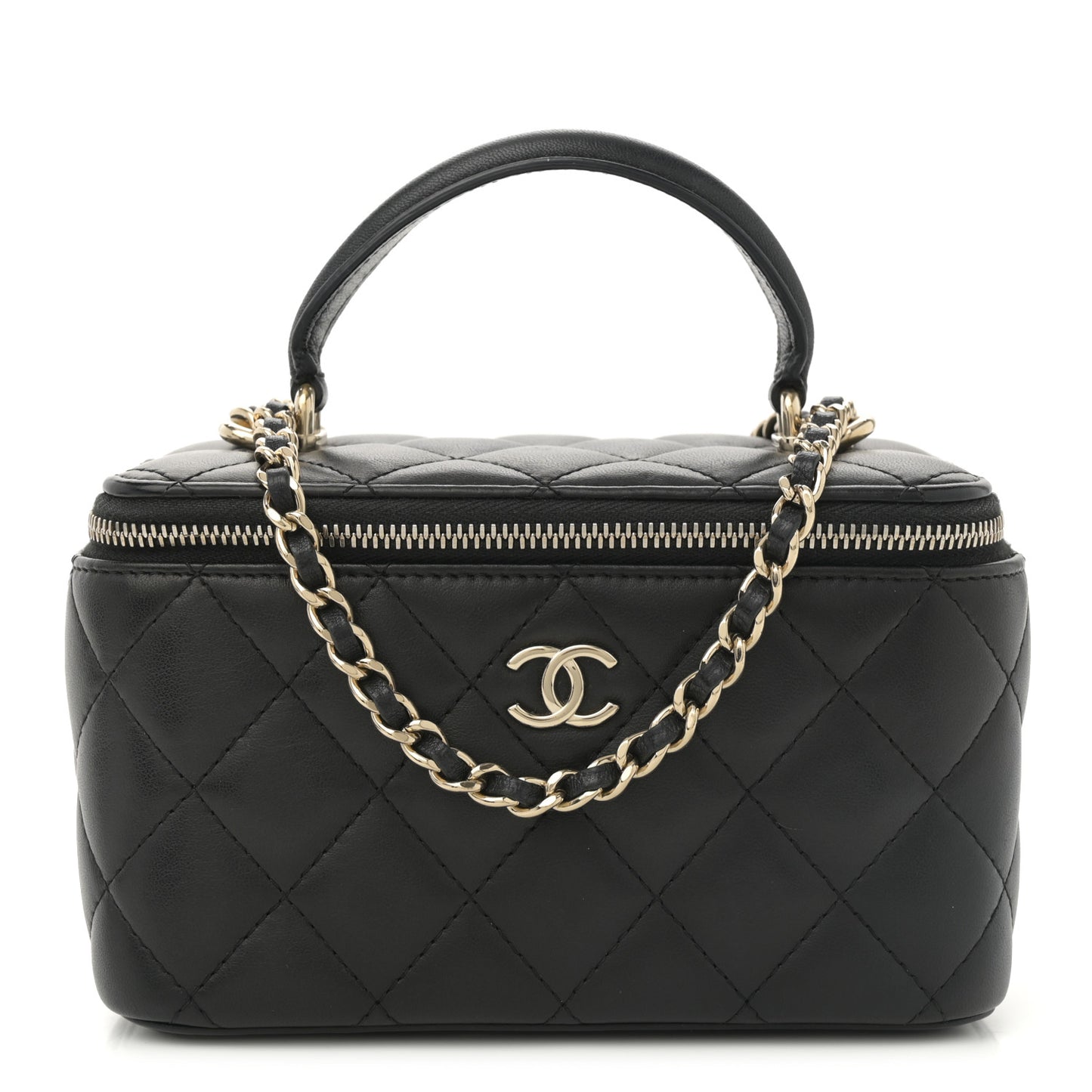 Lambskin Quilted Small Top Handle Vanity Case With Chain Black