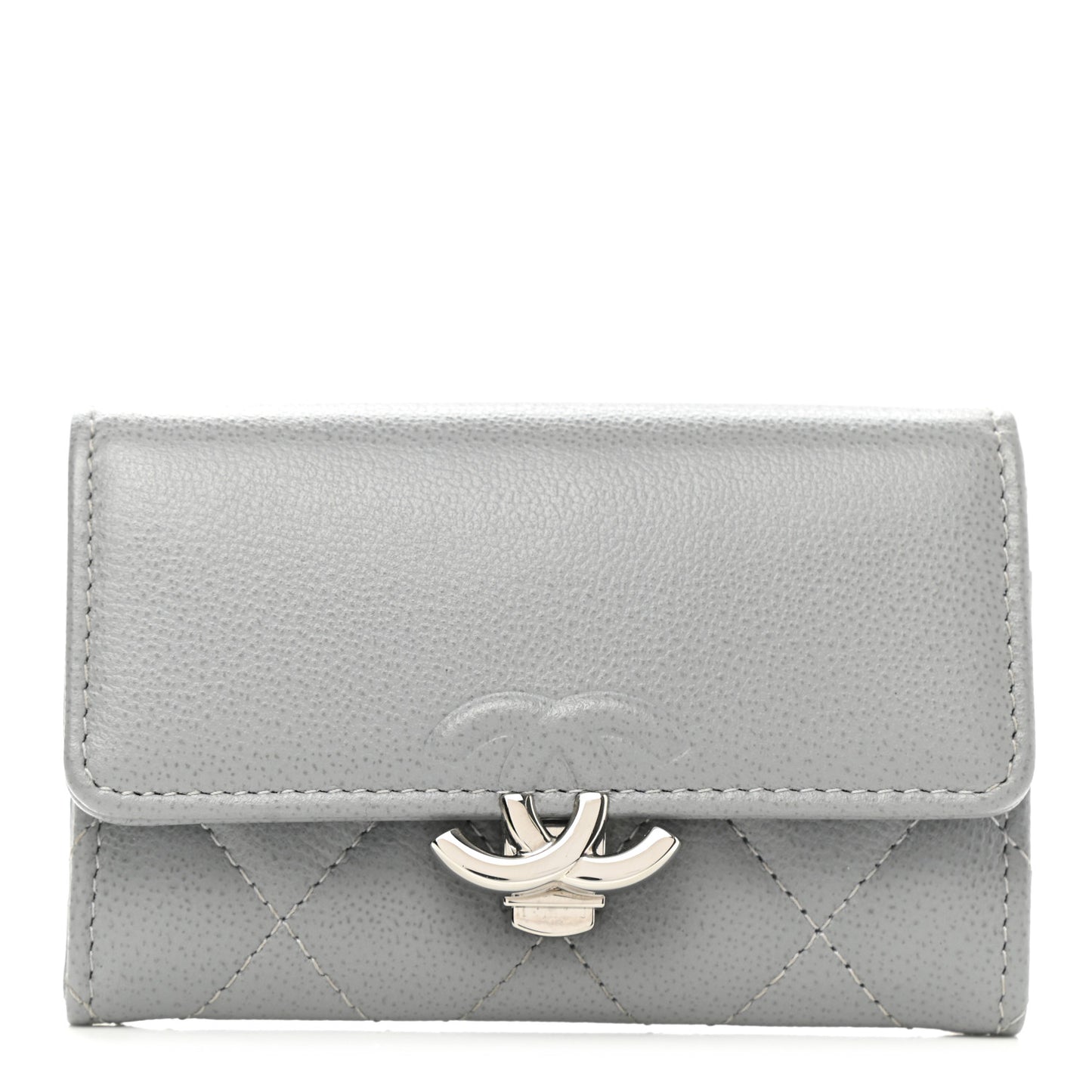 Grained Calfskin Quilted CC Box Flap Card Holder Grey