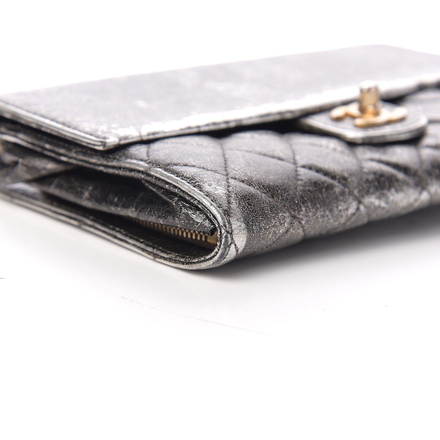 Cracked Metallic Calfskin Quilted Zip Away Chain Clutch Dark Silver