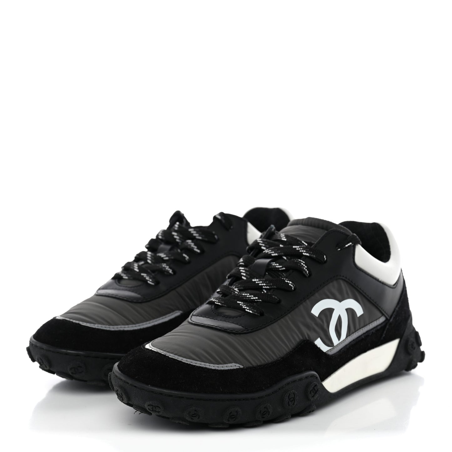 Nylon Calfskin Suede Womens CC Sneakers 38 Black Grey White