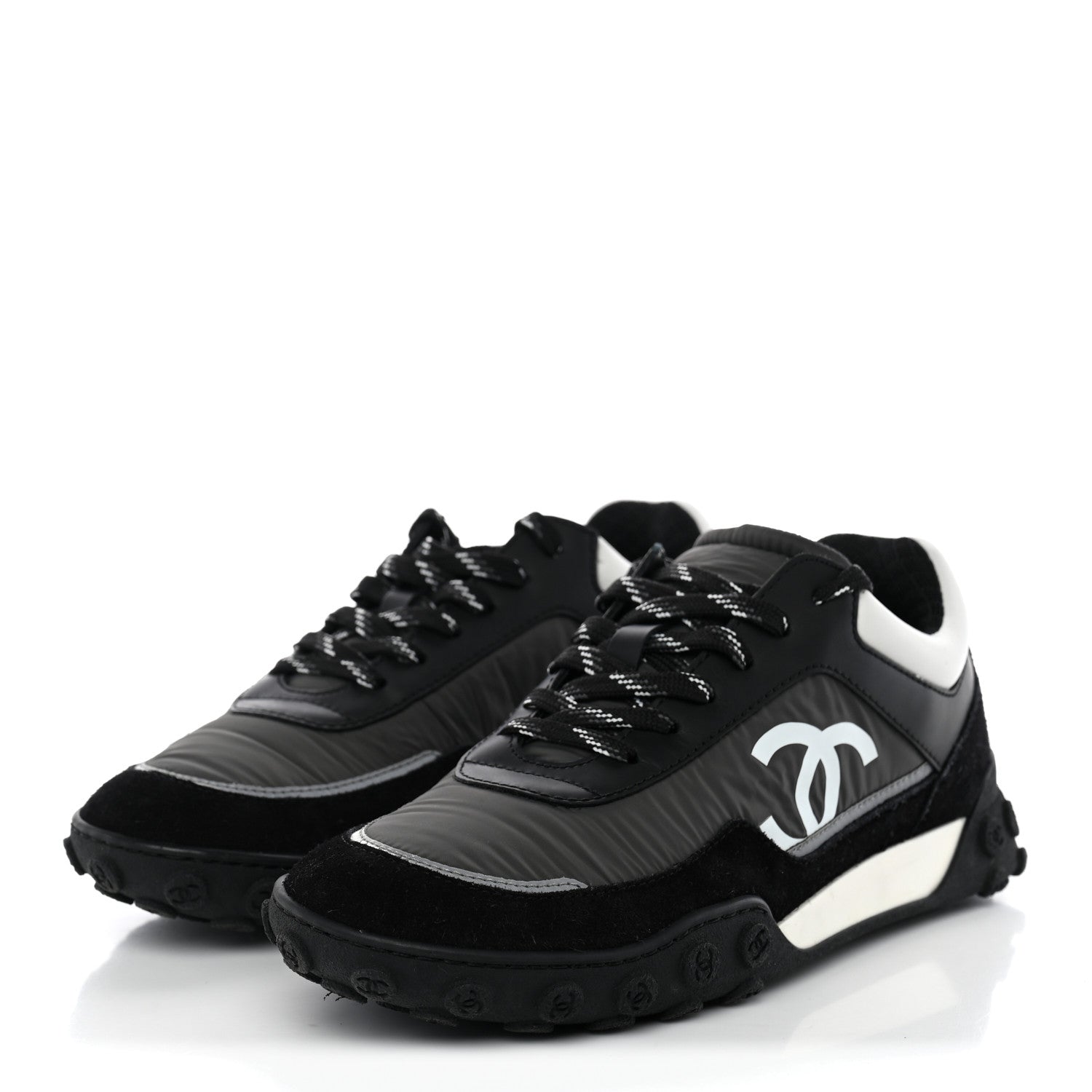 Chanel Nylon Calfskin Suede Womens CC Sneakers 38 Black Grey White 3 of 10
