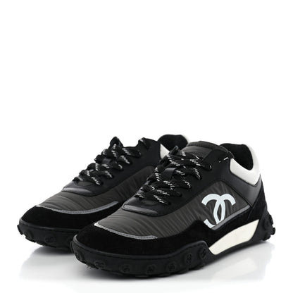 Chanel Nylon Calfskin Suede Womens CC Sneakers 38 Black Grey White 3 of 10