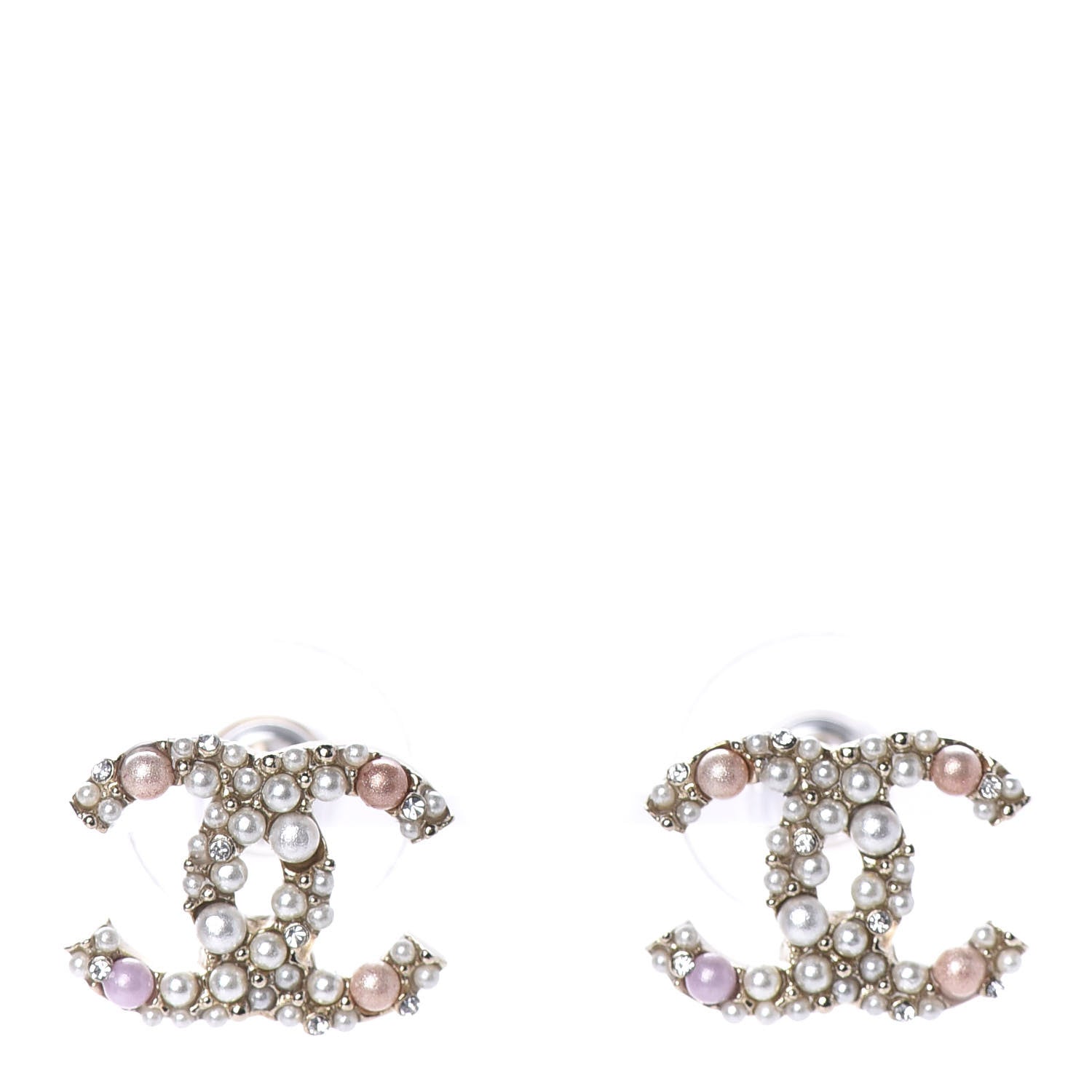 Chanel Pearl Crystal CC Charms Stud Earrings Light Gold Pink 1 of 5