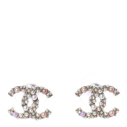 Chanel Pearl Crystal CC Charms Stud Earrings Light Gold Pink 1 of 5