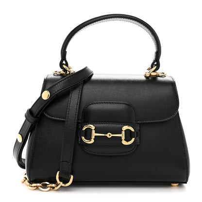 Gucci Glazed Textured Calfskin Mini Horsebit 1955 Top Handle Flap Bag Black 1 of 10
