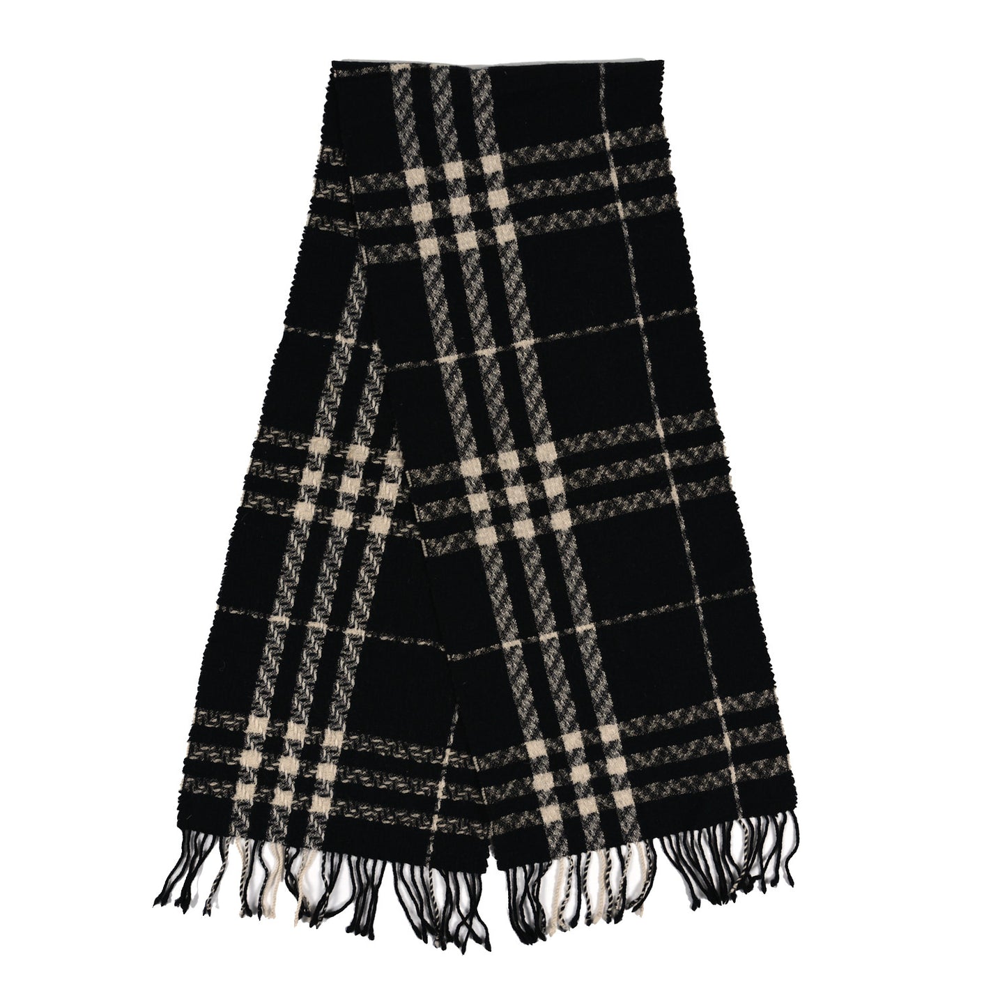 Cashmere Check Fringe Scarf Black Beige
