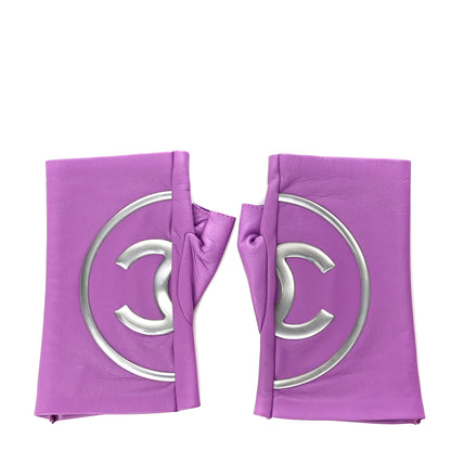 Chanel Lambskin CC Fingerless Gloves 7.5 Purple 1 of 9