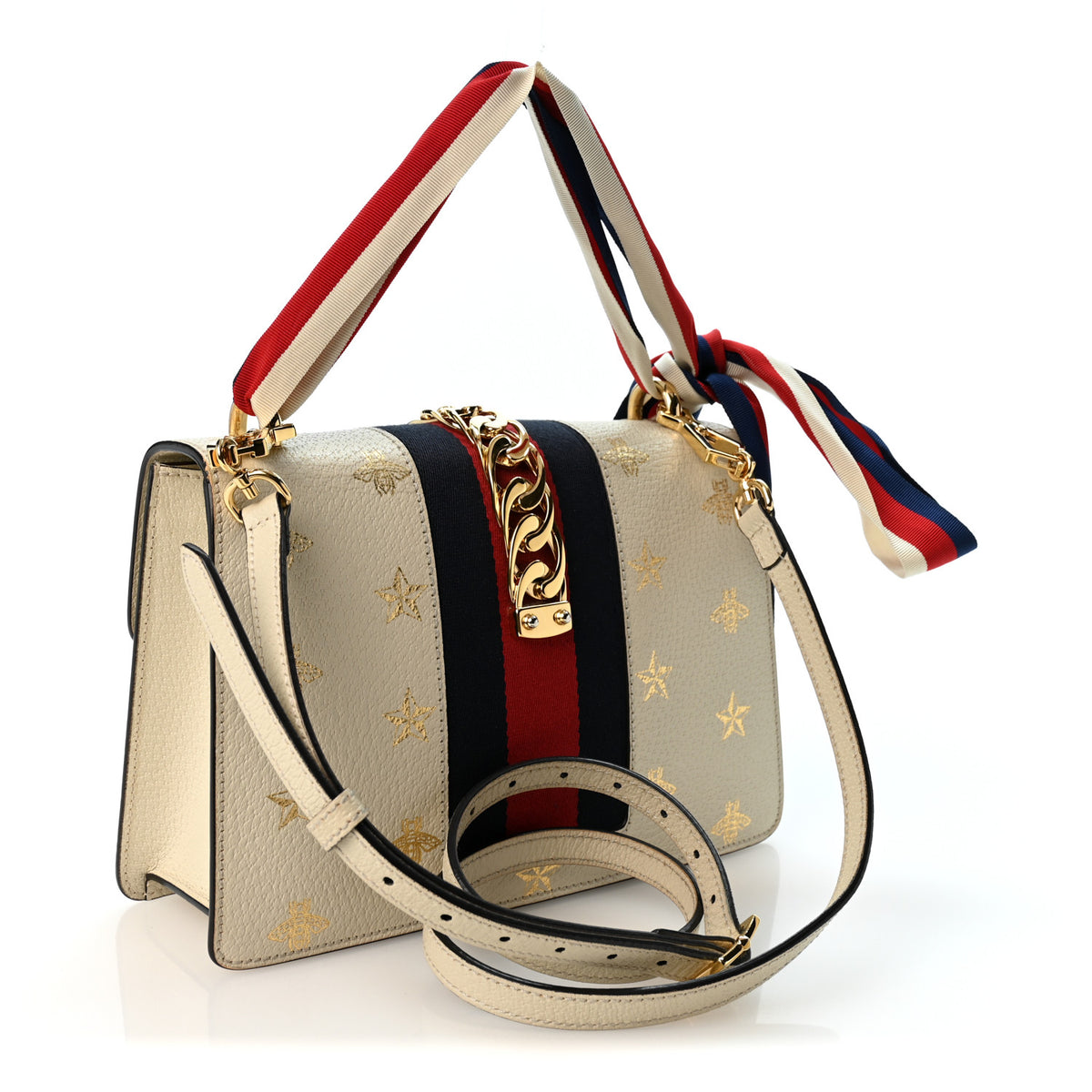 Textured Calfskin Bee Star Print Small Sylvie Shoulder Bag Mystic White