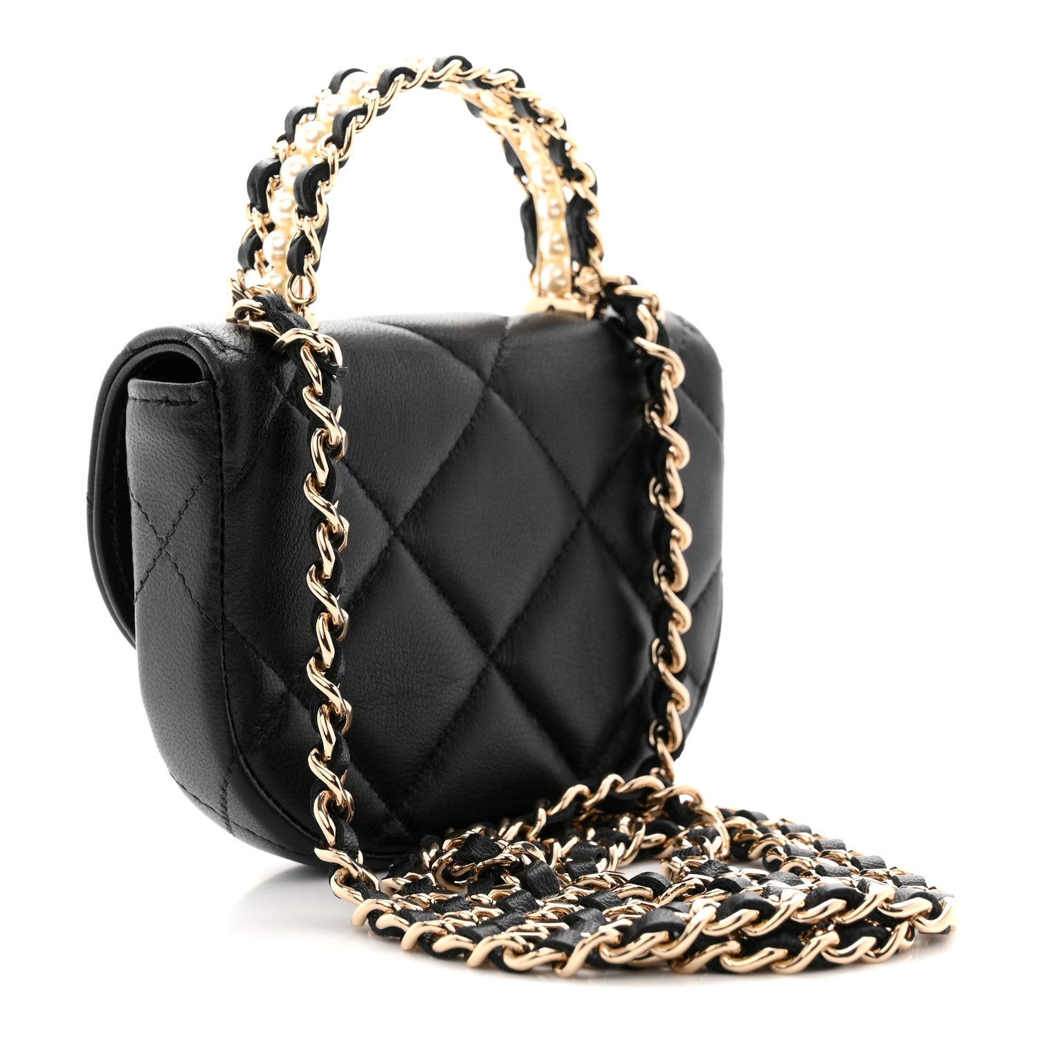 Chanel Lambskin Quilted Pearl Top Handle Clutch With Chain Black 3 of 11