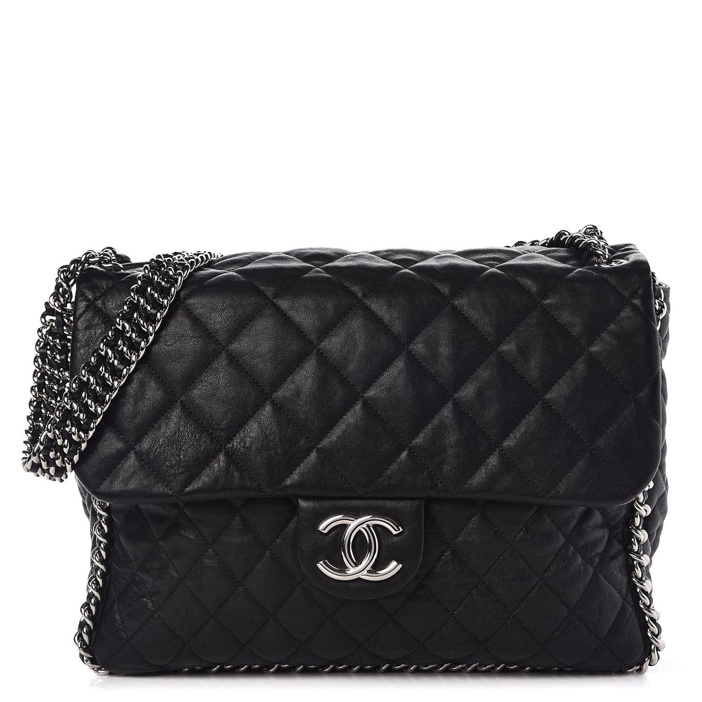 Washed Lambskin Quilted Maxi Chain Around Flap Black