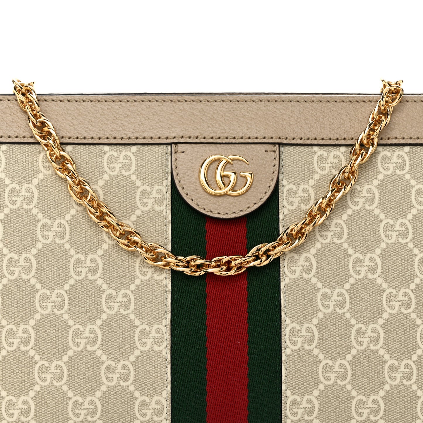 GG Supreme Monogram Textured Dollar Calfskin Web Small Ophidia Chain Shoulder Bag Beige Mystic White Oatmeal