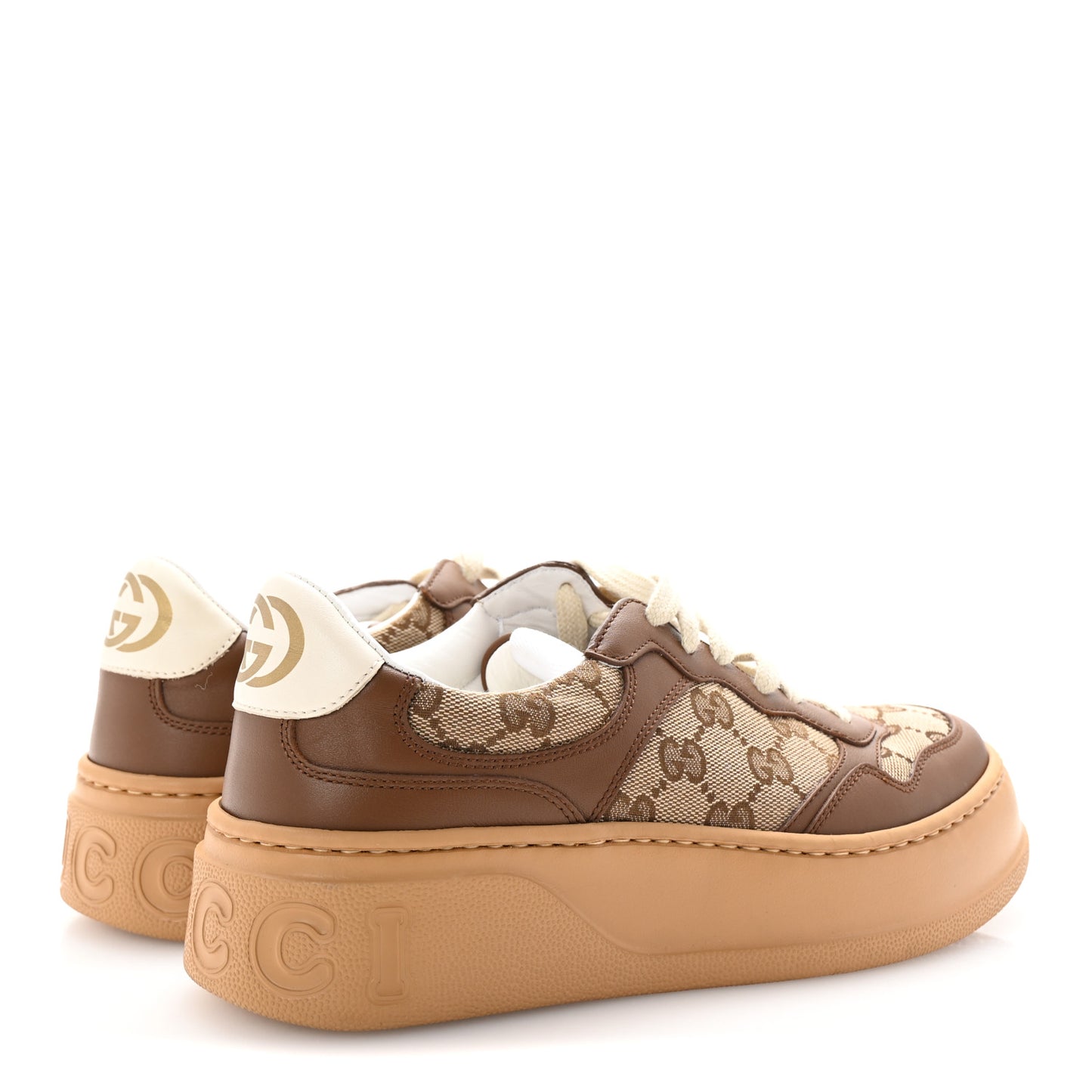 Calfskin GG Monogram Womens Platform 55mm Sneakers 38.5 Hezelnut Beige Ebony Mystic White