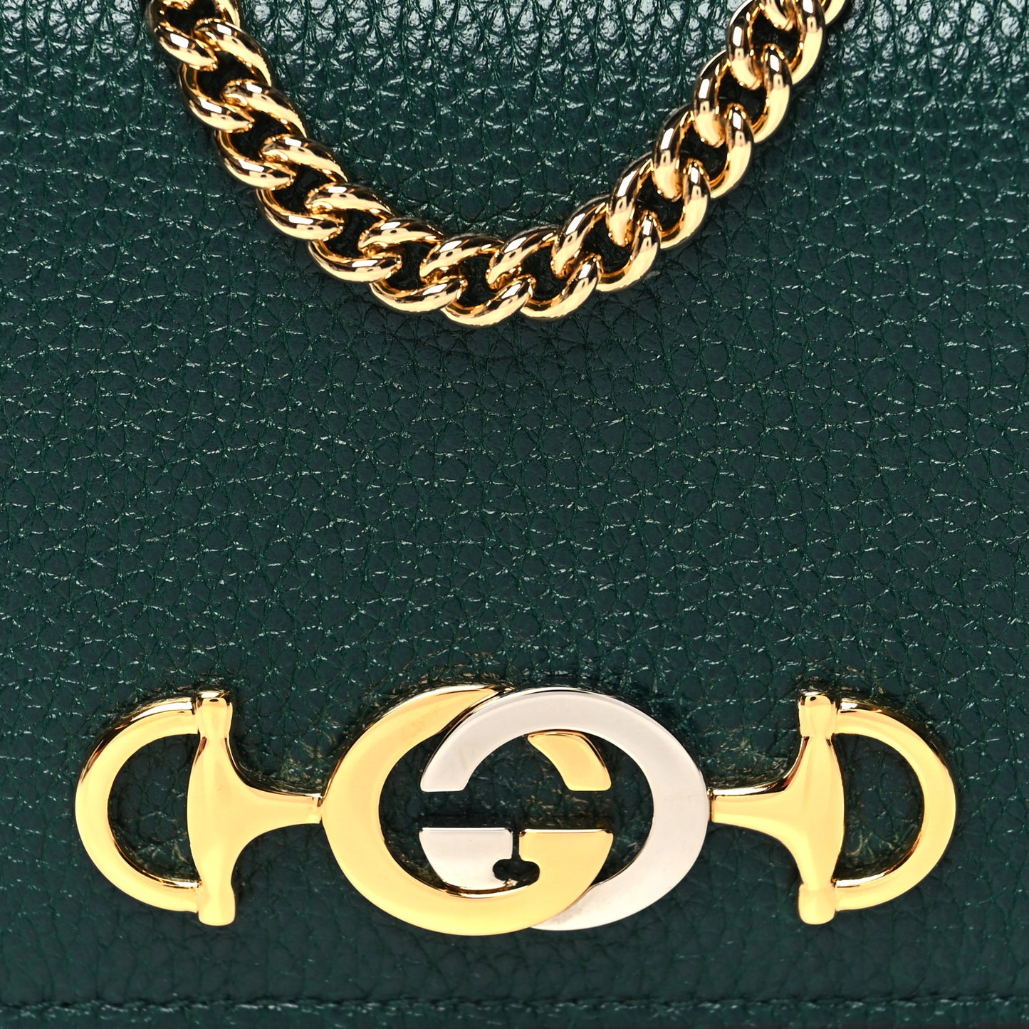 Grainy Calfskin Zumi Chain Card Case Wallet Vintage Green