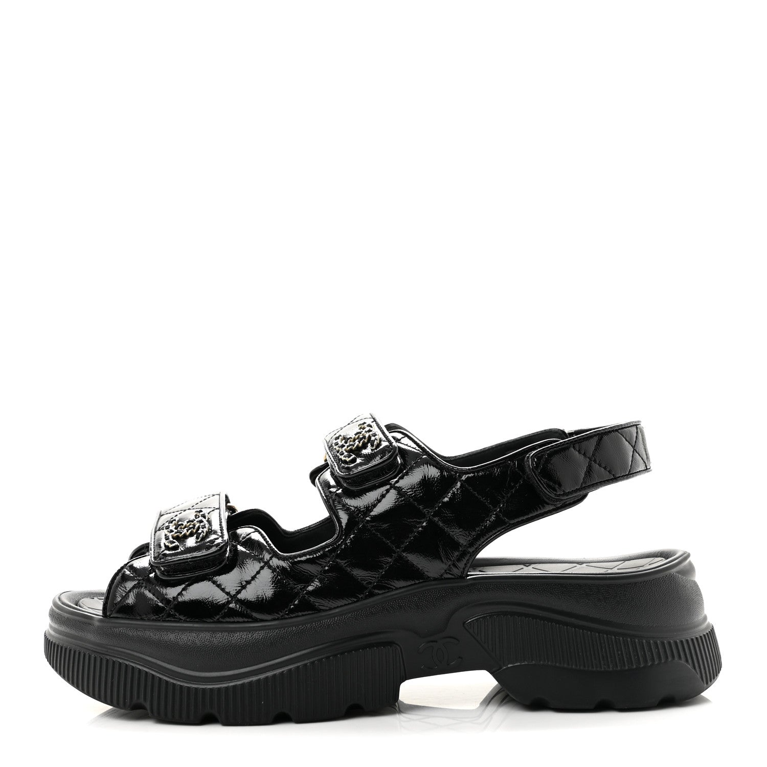 Chanel Shiny Calfskin Chain CC Velcro Dad Platform Sandals  38 Black 1 of 10