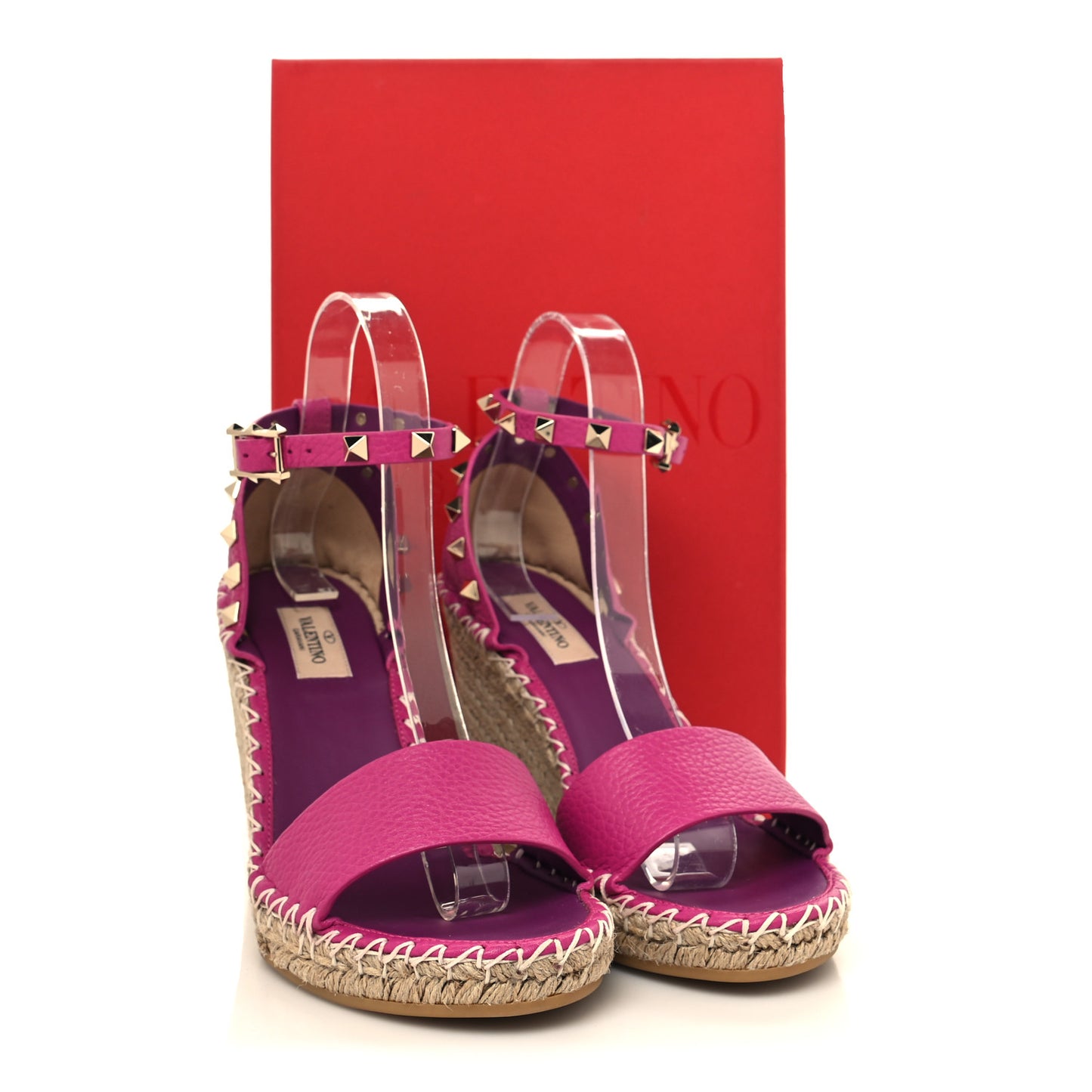 Grained Calfskin Rockstud Ankle Strap Espadrille 15/105mm Wedge Sandals 38 Rose Violet Prune