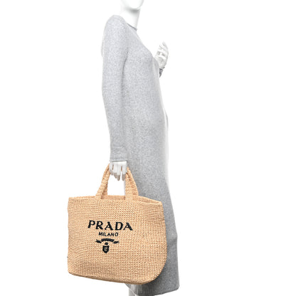 Prada Yarn Raffia Effect Crochet Embroidered Logo Tote Naturale 2 of 9