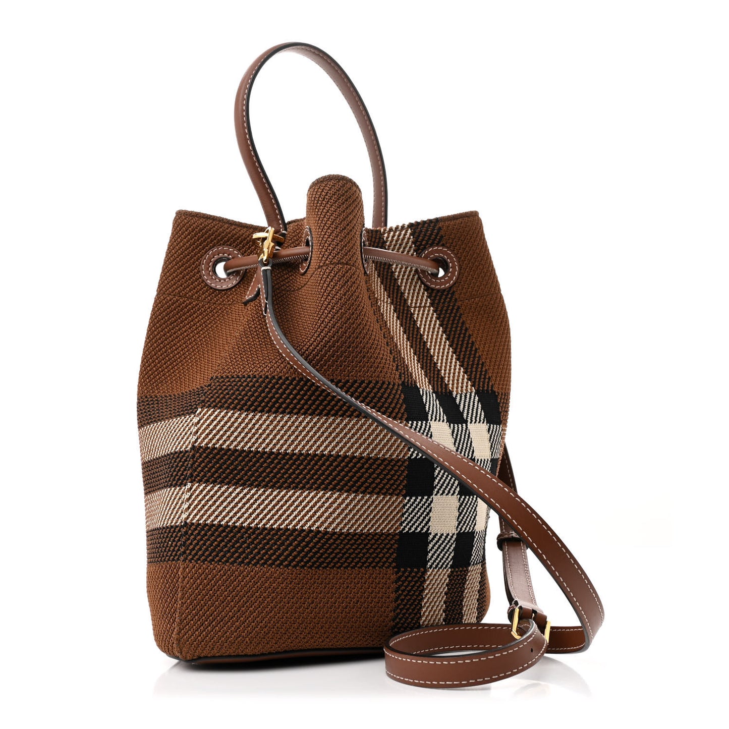 Knitted Check Calfskin TB Small Drawstring Bucket Bag Dark Birch Brown