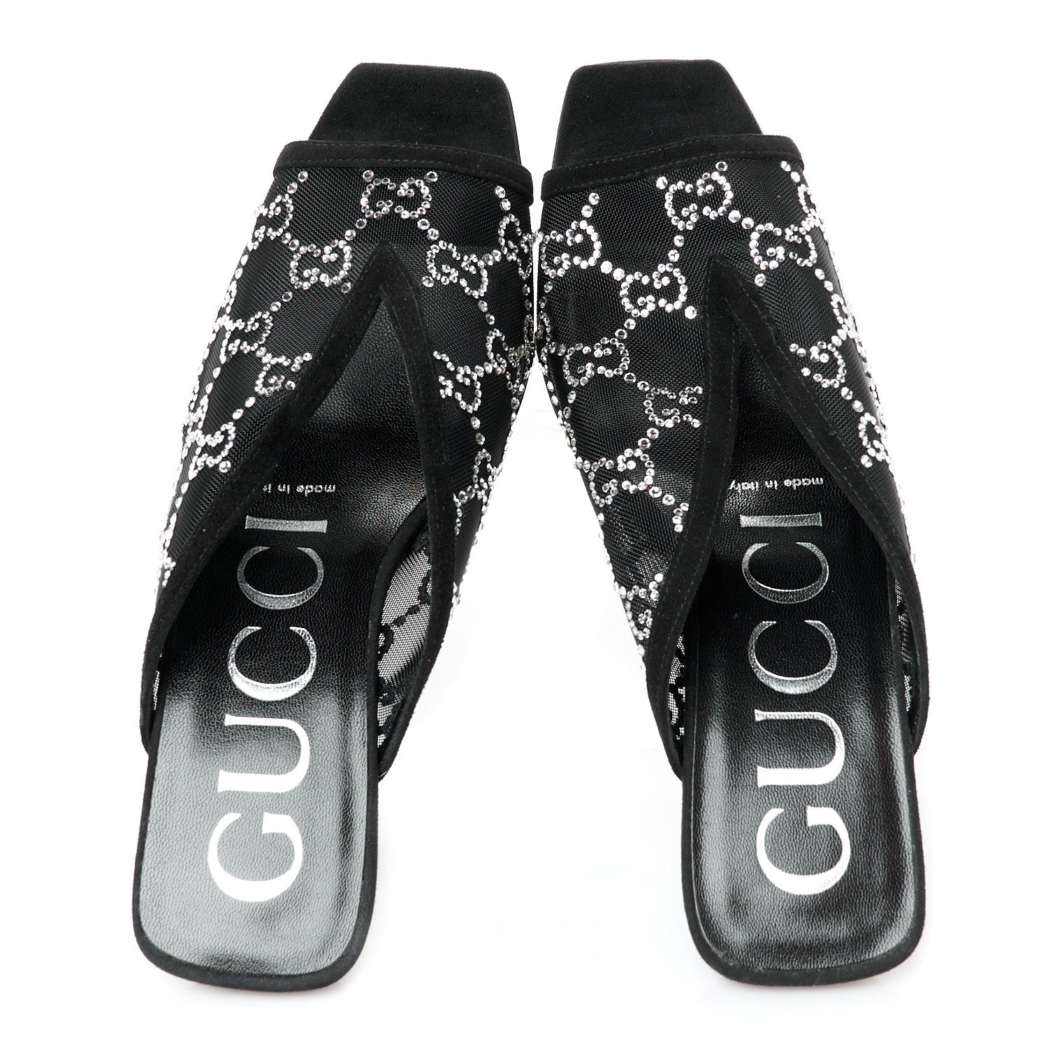 Gucci Tela Retino Kid Scamosciato Crystal GG Monogram Square G 95mm Slide Sandals 37 Black 2 of 9