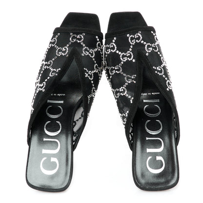 Gucci Tela Retino Kid Scamosciato Crystal GG Monogram Square G 95mm Slide Sandals 37 Black 2 of 9
