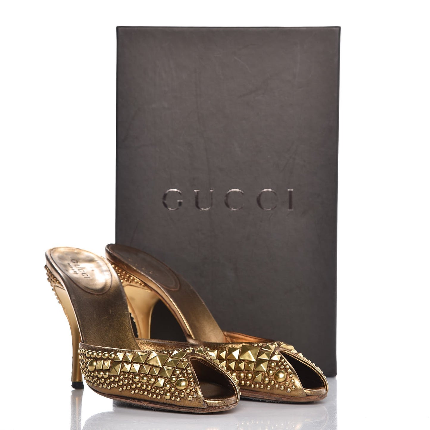 Calfskin Studded Peep Toe Mules 6.5 Gold