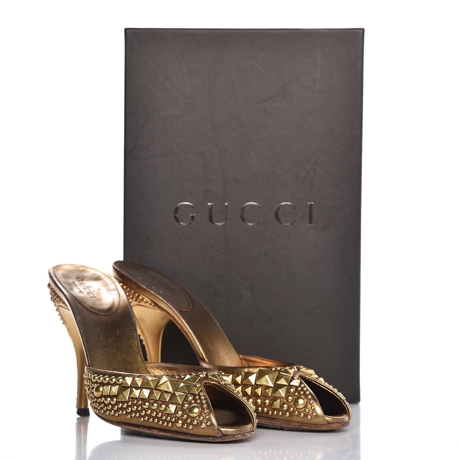 Gucci Calfskin Studded Peep Toe Mules 6.5 Gold 17 of 17