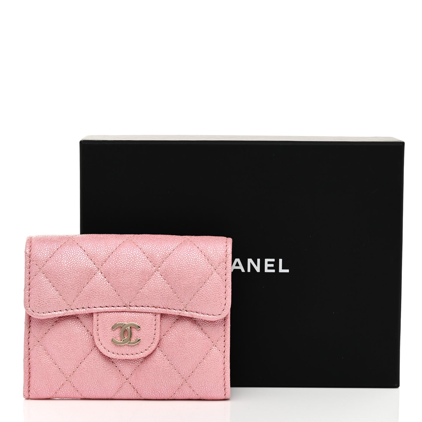 Iridescent Caviar Flap Quilted Card Holder Wallet Pink