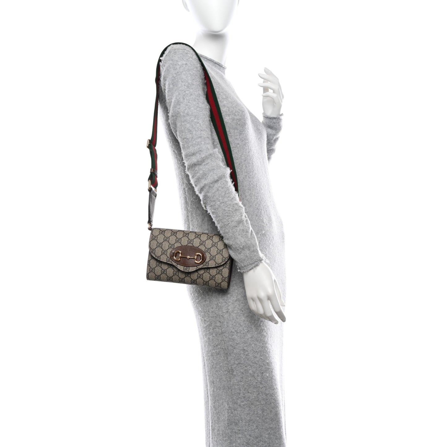GG Supreme Monogram Azalea Calfskin Web Mini Horsebit 1955 Chain Shoulder Bag Beige Ebony Brown Sugar